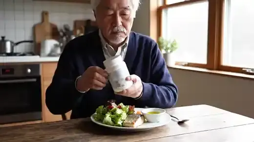 A man in his seventies at a kitchen table reading the label of a white supplement jar beside a plate of salad and grilled fish