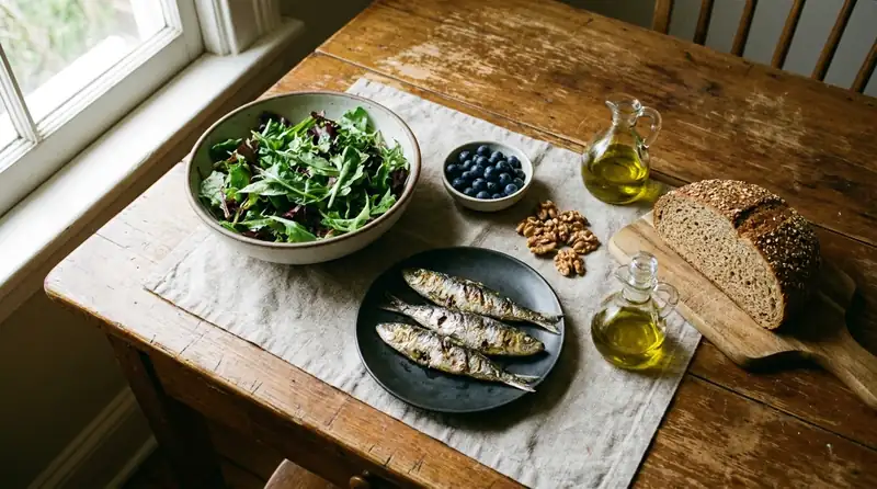 A lunch table seen from above with greens, grilled sardines, blueberries, walnuts, bread and olive oil