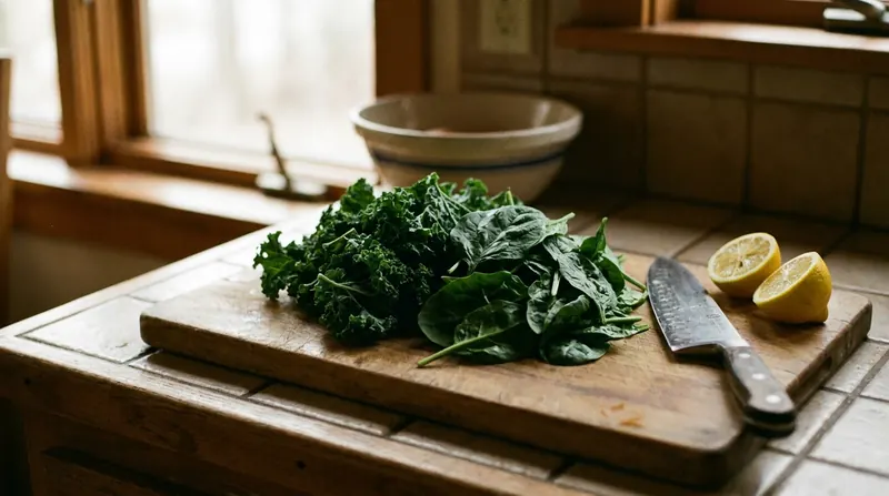 Kale and spinach leaves on a wooden cutting board with a knife and half a lemon
