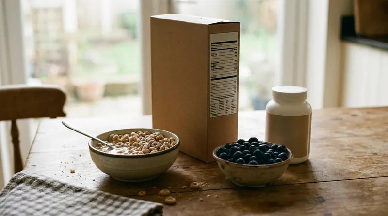 A bowl of frosted cereal beside its box, a bowl of blueberries and a white supplement jar on a kitchen table