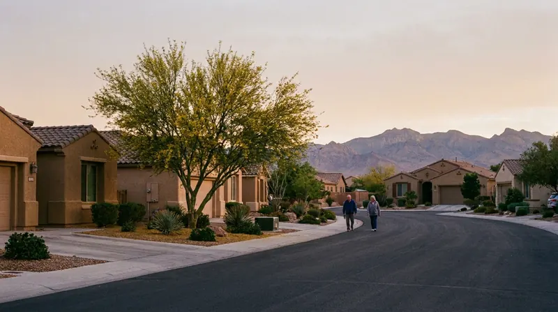 A quiet street of stucco houses with a tree and dry mountains behind on the edge of Las Vegas at dawn