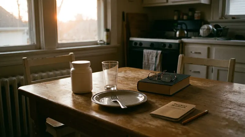 A kitchen table at dusk with a white jar, an empty glass, a clean plate, a closed book with reading glasses and a notebook with a pencil