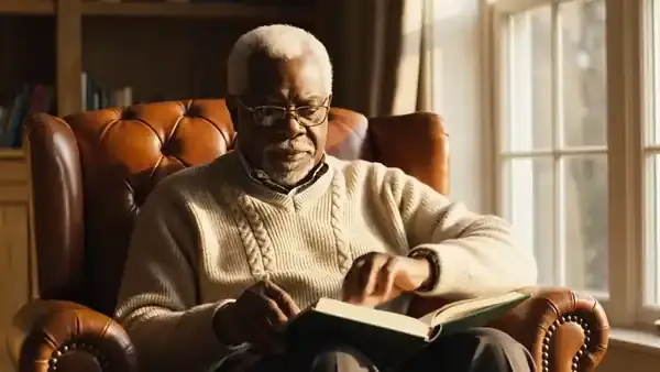 A man in his seventies in an armchair by a window turning a page of a hardcover book