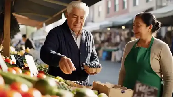 A man in his seventies choosing a carton of blueberries at a farmers' market stall