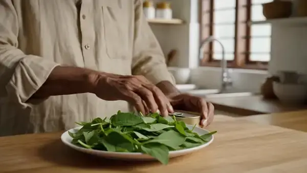 A man in his seventies tipping a tin of sardines onto a plate of greens and drizzling olive oil over them